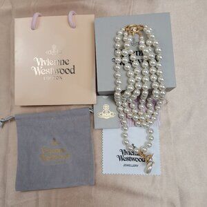 Brand new Vivienne Westwood Three Row Pearl Bas Relief Choker in Gold